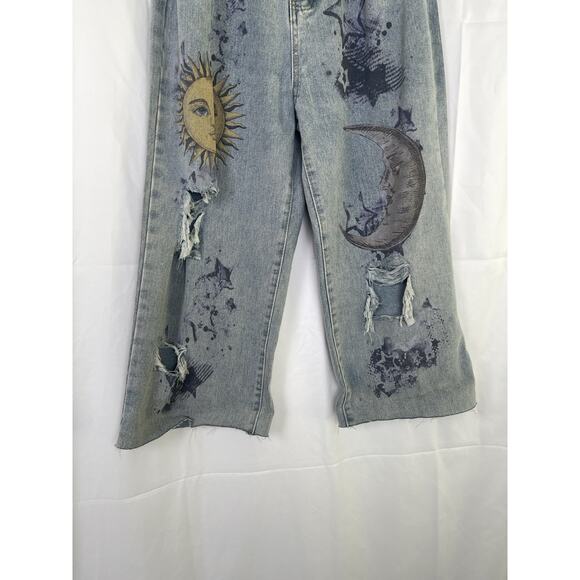 Sun & Moon Distressed Wide Leg Jeans Size M Vintage Wash Celestial Grunge Hippie - Picture 6 of 6